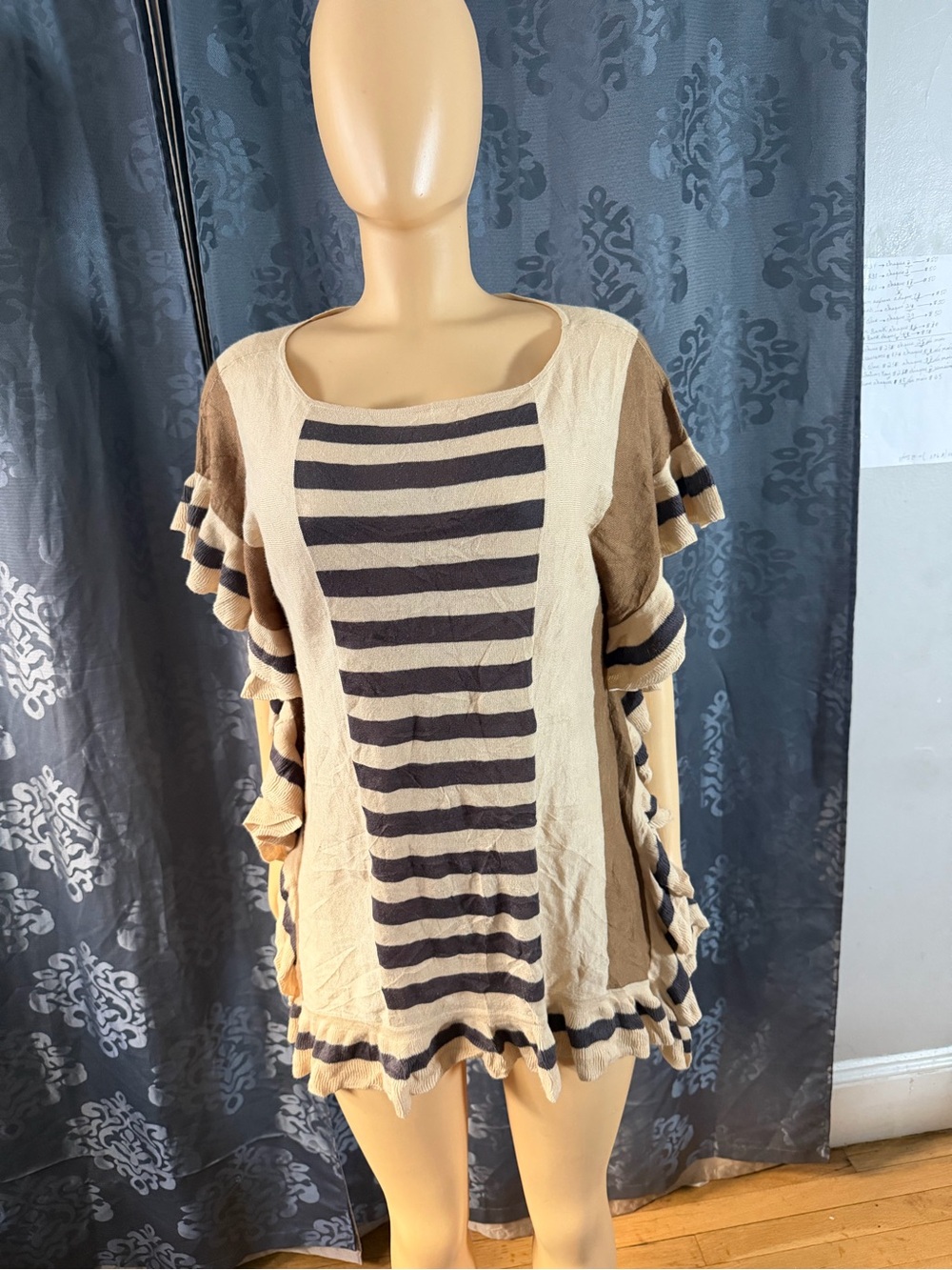 V Cristina Cream & Brown Striped Ruffle Sleeve Tunic